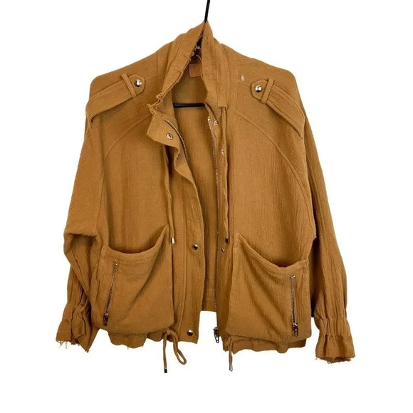 NWT BlankNYC Dolman Sleeve Drawstring Details Woven Raw Hem Jacket Womens XS Tan - Picture 3 of 14